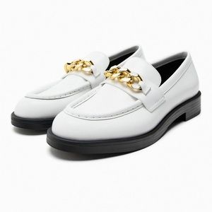 NWT Zara Woman Chain Trim Leather Loafers Shoes White Size 10